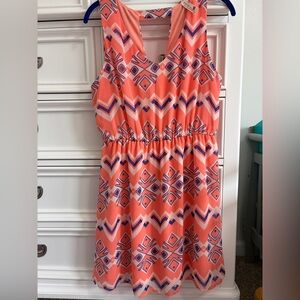 Pink Owl Coral and Blue Geometric Sleeveless Dress